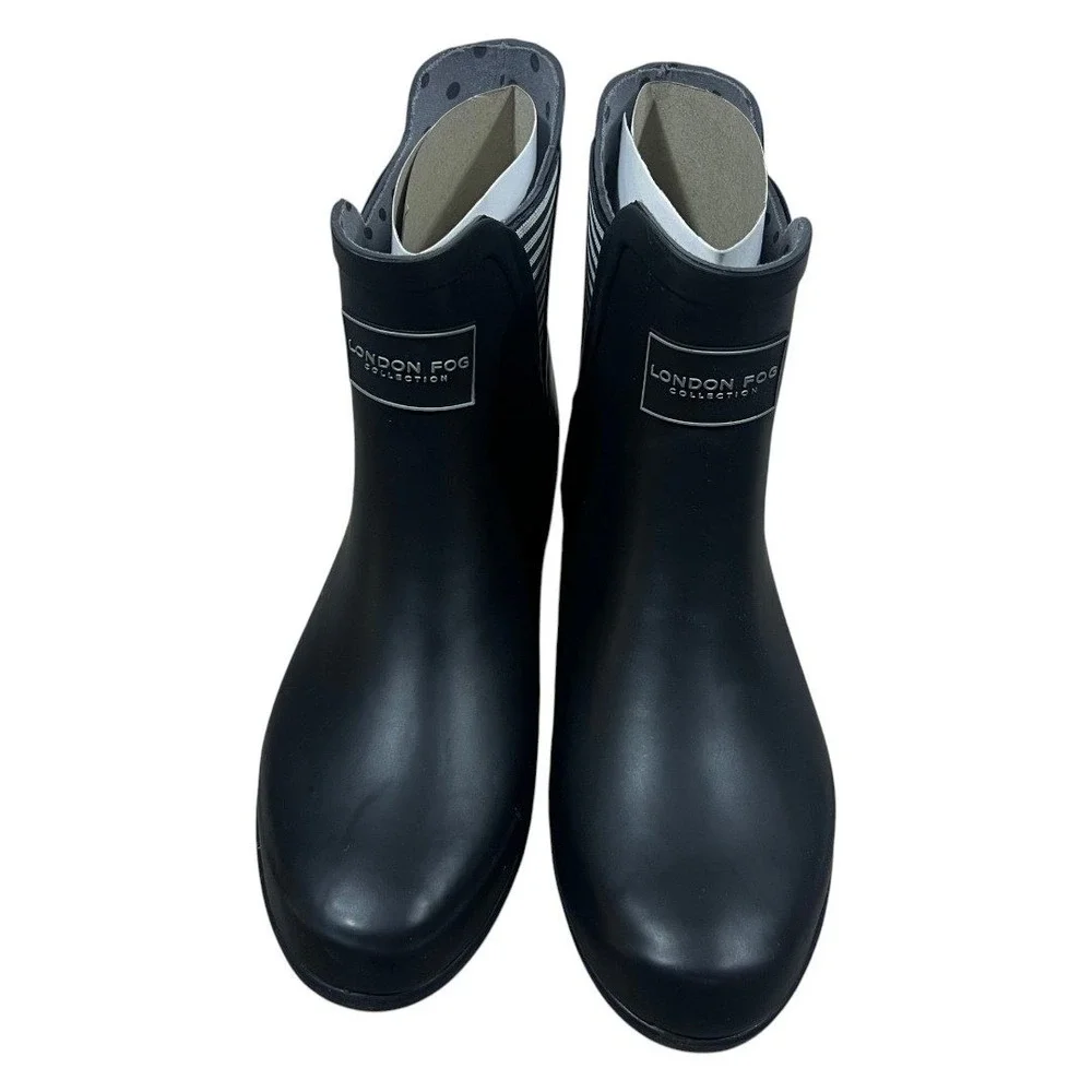 London Fog Piccadilly Striped Rain Boots Black Ankle Rubber Waterproof Size 8M